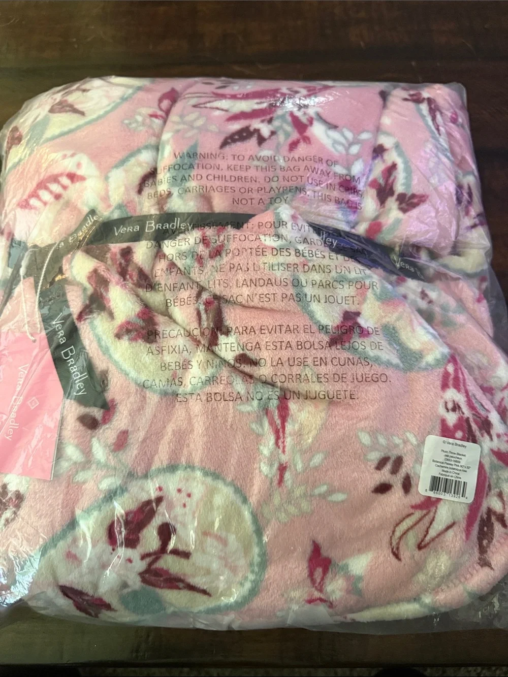 Vera Bradley Pink Floral Plush Throw Blanket with Burgundy Accents- 80”x50”